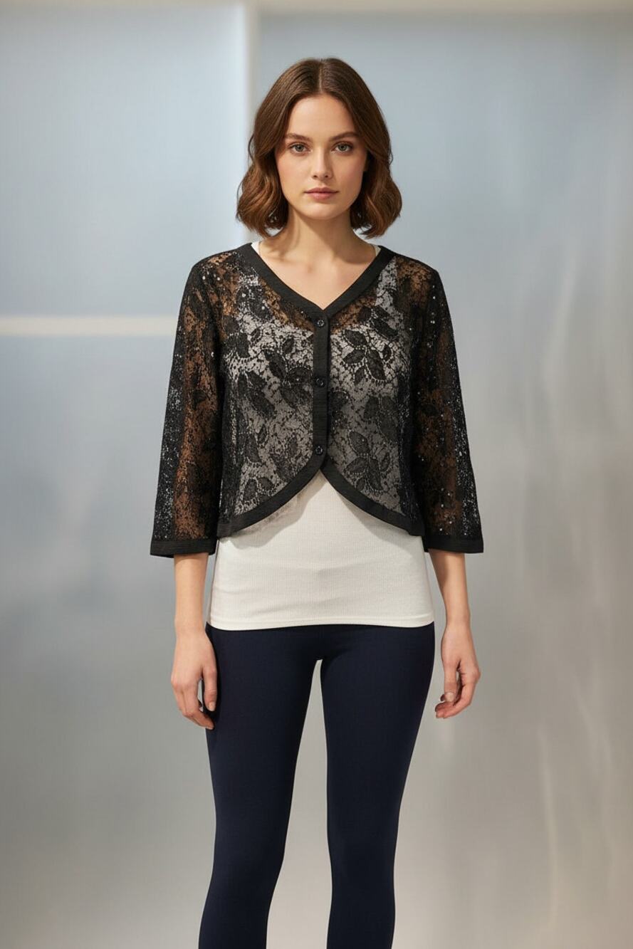 Origami Black Sequin and Lace Crop Jacket Small